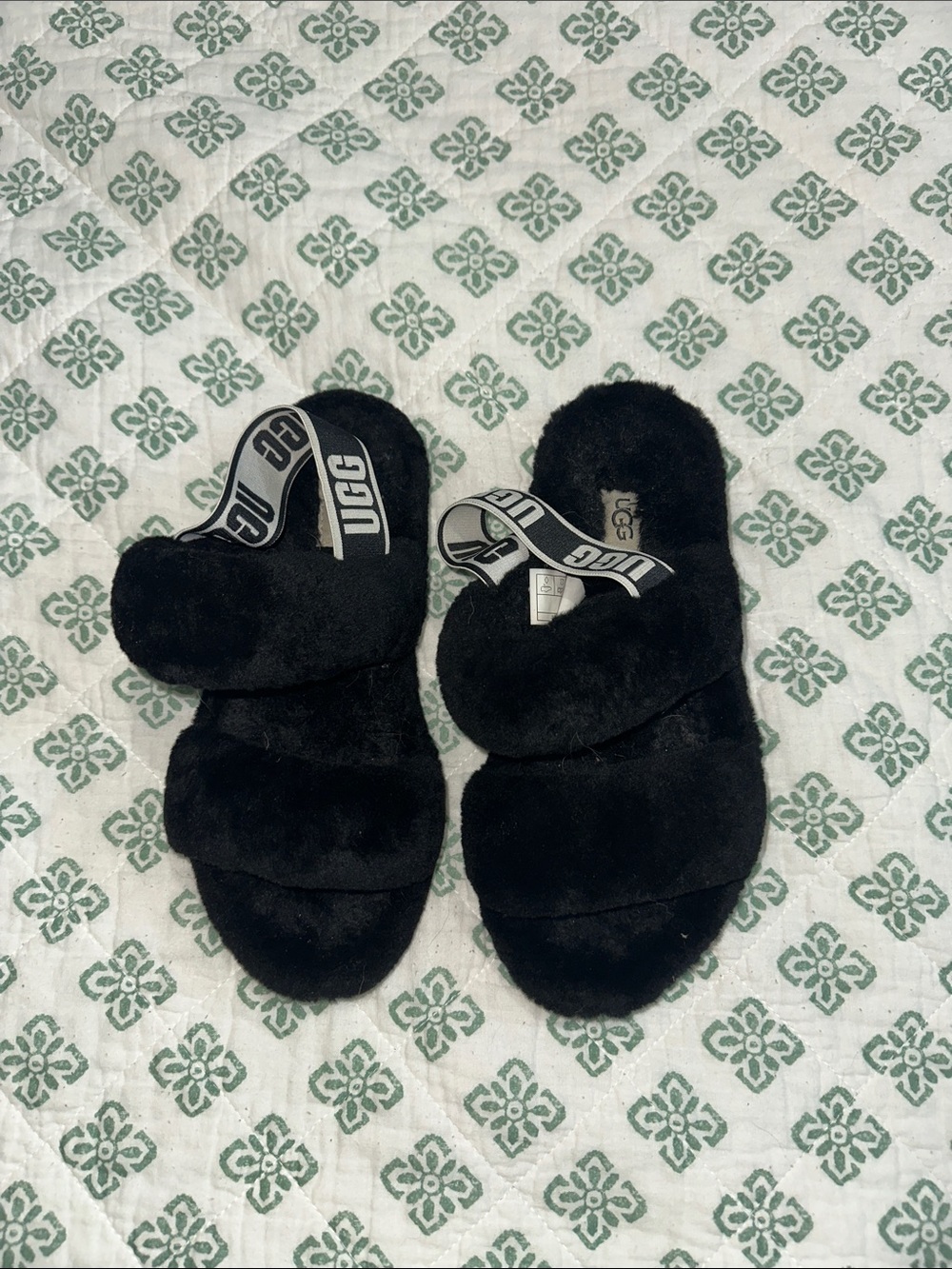 UGG Black Fluff Slide Sandals with Branded Sling